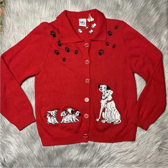 Vintage 90s Disney Store Red 101 Dalmatians Cardigan Sweater - Picture 1 of 16